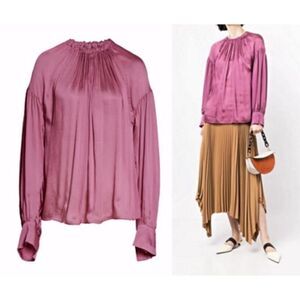 VINCE LONG SLEEVES SHIRRED NECK CRINKLED SILK BLOUSE in CAMELIA COLOR 🩶